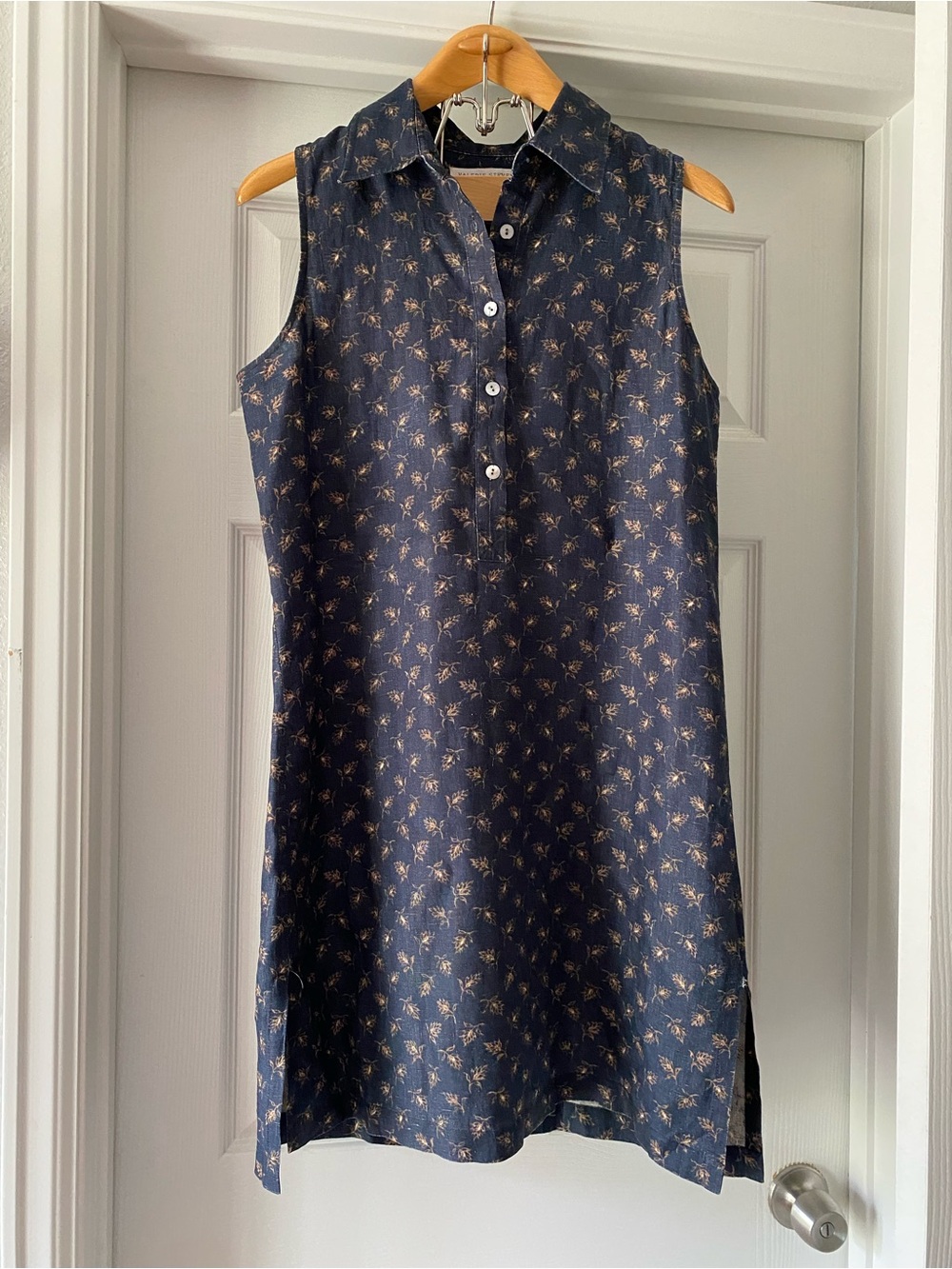 Vintage Valerie Stevens Pure Linen Navy Mini Floral Button Down MIDI Dress